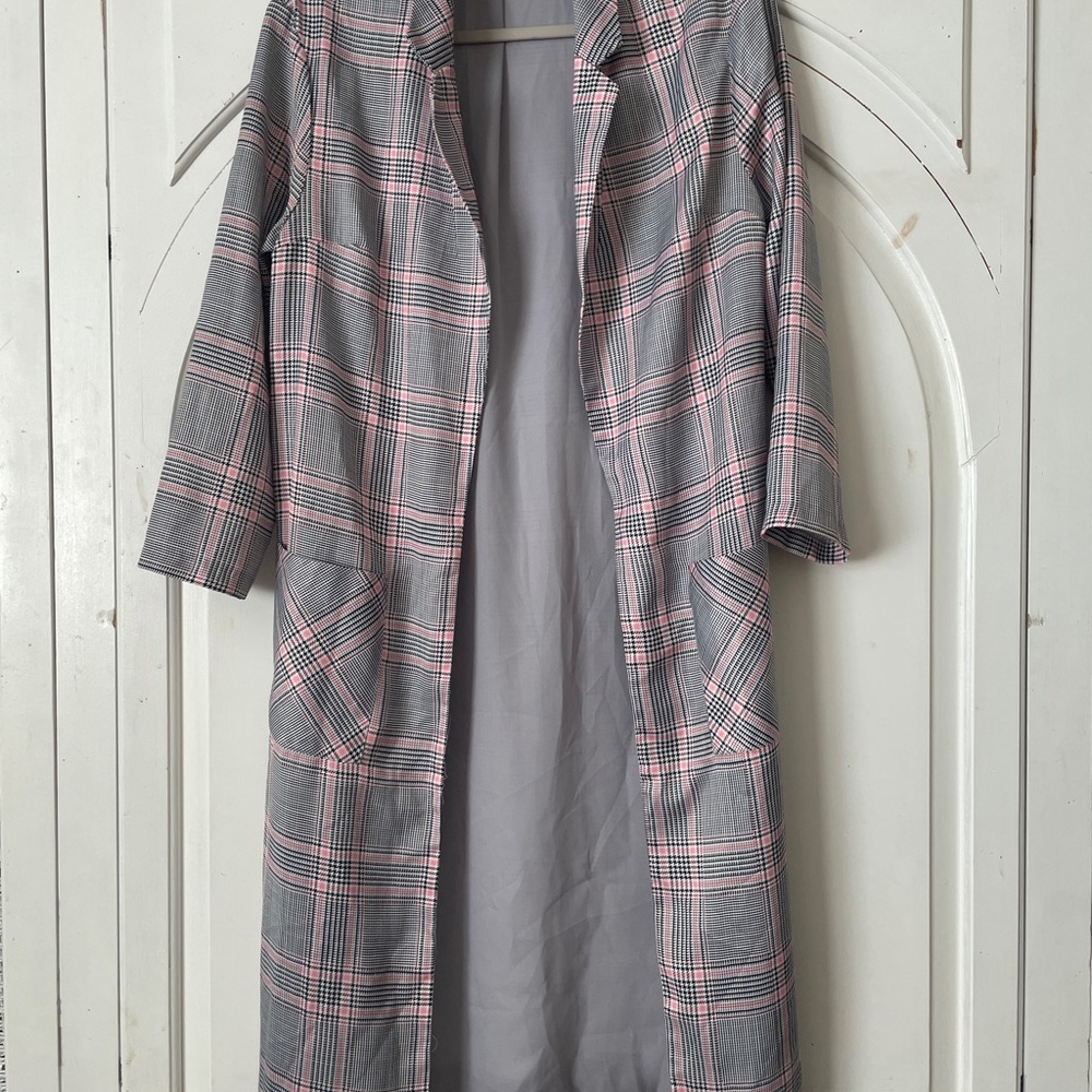 Top shop women’s long midi length blazer jacket gray, pink and white striped 4